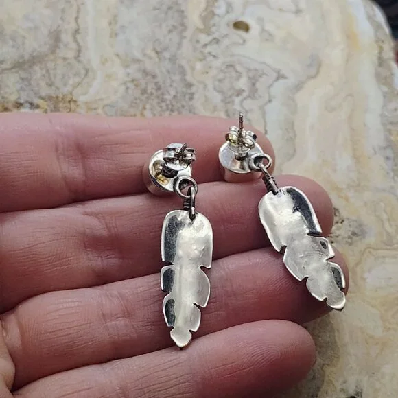 Southwestern Sterling Silver Kingman Turquoise Feather Dangle Drop Earrings - Picture 4 of 5